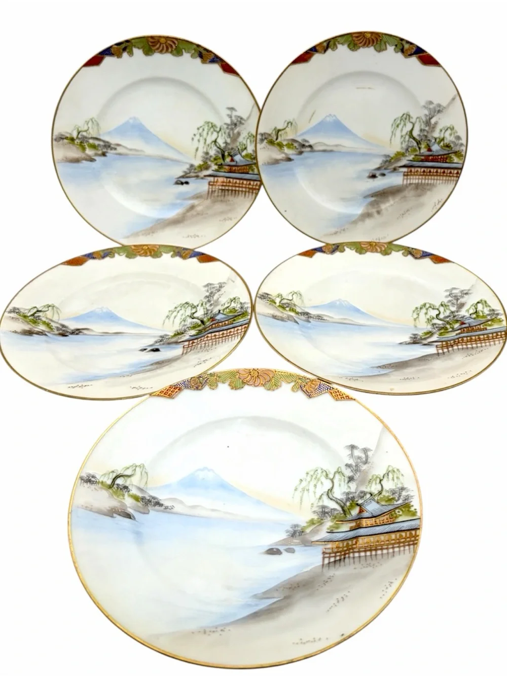 Set of Five Antique TS Nippon Kutani Mount Fuji Plates 7.25” Gold Gilt Japan
